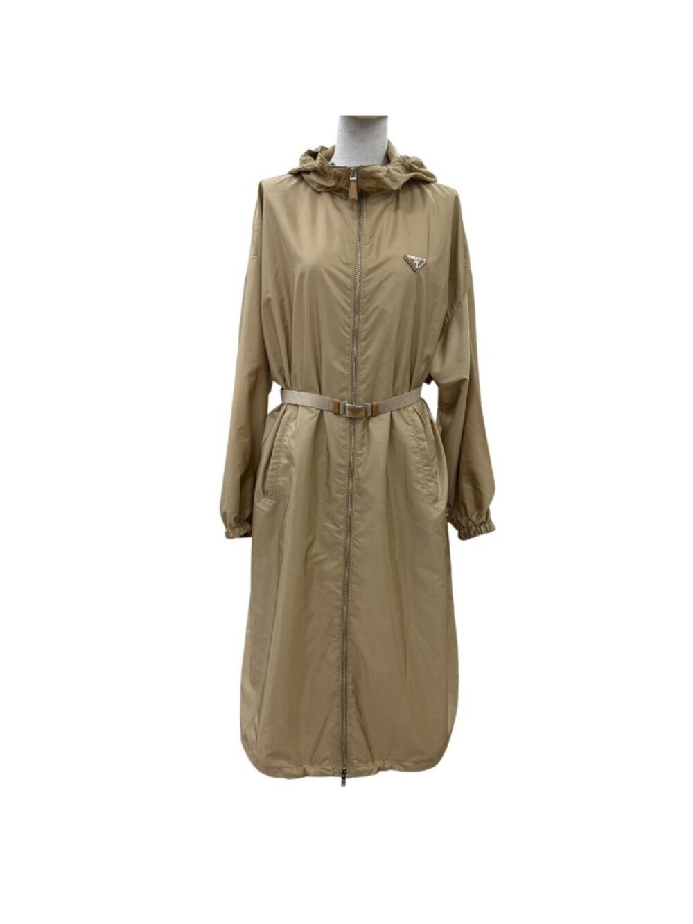 Prada Re-Nylon Triangle Logo Belt Long Coat Beige 36